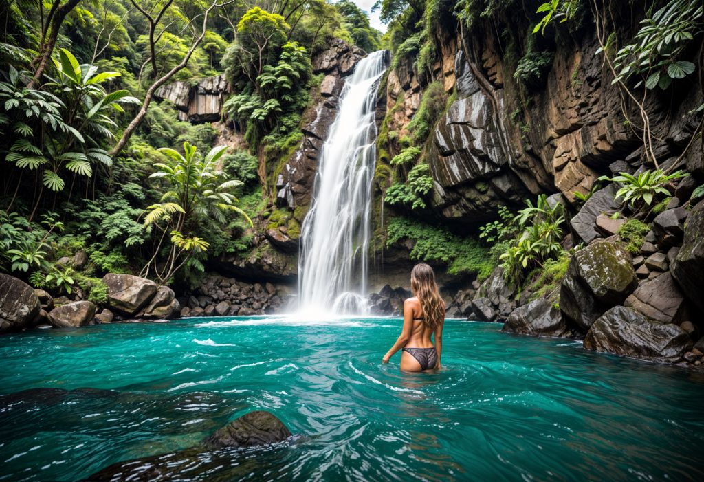 Woman enjoys a waterfall in Costa Rica